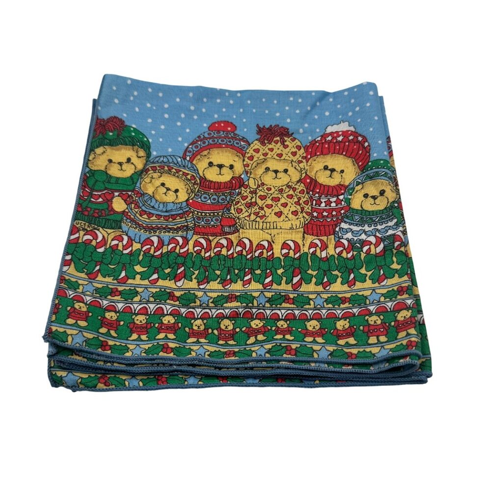 Christmas Bears Cotton Fabric Napkin 17x17 Snowy Scene Festive Vintage Pre-Owned